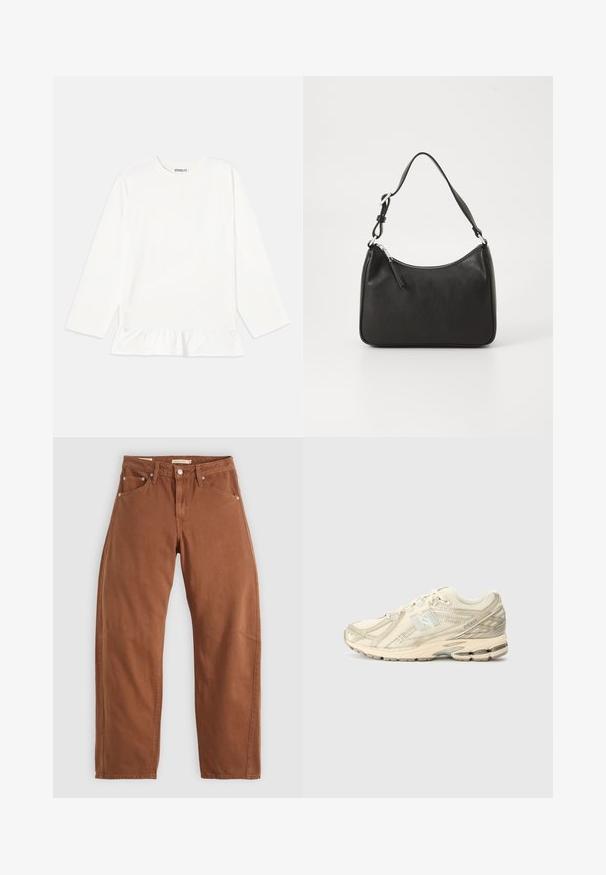 Šviesiai rudas švarkas iš medvilnės mišinio; dvigubo skydo dizainas su dideliais mygtukais, diržu per liemenį ir kišenėmis su atvartais; turi dviejų spalvų raštuotą pamušalą.; Balta ilga rankovė viršuje, pagaminta iš minkštos medžiagos, su volanų apdaila apatinėje dalyje. Jo dizainas turi apvalią kaklo liniją ir subtilų ženklinimą krūtinėje.; Rudai rudi tiesūs džinsai su priekinėmis ir galinėmis kišenėmis, metaliniais kabliukais, mygtuko užsegimu ir diržo kilpomis, išdėstyti ant balto fono.; Bežiniai sportiniai bateliai su tinklu viršuje, minimaliais akcentais, tekstūruotu padu ir subtiliu 'N' logotipu šone. Lengvas dizainas komfortui.; Juoda odinė rankinė su išlenkta forma, viena dirželiu, užtrauktuko uždarymu ir subtiliu ženklinimu priekyje. Lygus paviršius, minimalistinis dizainas.