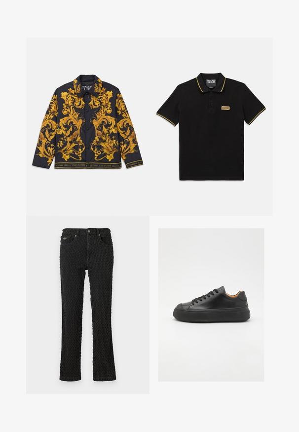 Chaqueta negra de botones con elaborados patrones florales barrocos en amarillo y texto "Versace Jeans Couture" a lo largo del dobladillo y el forro del cuello.; Polo negro de algodón con tapeta de tres botones, ribete amarillo en el cuello y las mangas, que presenta un parche de marca en el pecho.; Vaqueros de mezclilla negra con un patrón texturizado, cinco bolsillos, cierre de botón en la parte frontal y un diseño de pierna ligeramente acampanada.; Zapatilla de cuero negra con puntera redonda, cordones en la parte frontal, textura suave, suela de goma gruesa y un interior marrón claro que contrasta.