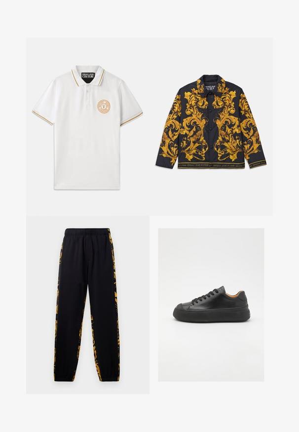 Musta napillinen takki, jossa on koristeelliset keltaiset barokkityyliset kukkakuviot ja "Versace Jeans Couture" -teksti helman ja kauluksen vuorauksessa.; Valkoinen poolopaita, joka on valmistettu puuvillasta, ja siinä on kultavärinen kaulus, kolme nappia sekä ympyränmuotoinen kirjailtu logo vasemmassa rinnassa.; Mustat jogger-housut, joissa on joustava vyötärö ja lahkeiden resorit, joissa on kultaisia ja mustia kukkakuosisia sivupaneeleja.; Mustat nahkasneakerit, joissa on pyöreä kärki, nauhakiinnitys edessä, sileä pinta, paksu kumipohja ja kontrastoiva vaaleanruskea sisustus.