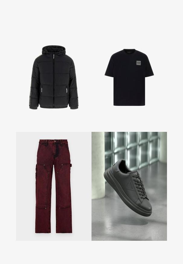 Juodas pūkinis švarkas su kapišonu, užtrauktuku ir šoniniais kišenėmis. Nuošaliai turi kontrastingas vertikalias logotipo juosteles ant rankovių ir siuvinėtą tekstūrą.; Juodas medvilninis marškinėliai trumpomis rankovėmis, su kvadratiniu pilku logotipu dešinėje krūtinės pusėje. Apvalaus kaklo dizainas, glotni tekstūra.; Raudoni cargo kelnės su tekstūruota apdaila, turi dideles priekinės kišenes, metalines detales ir laisvo tiesaus silueto dizainą.; Juodi odiniai sportbačiai su lygiu paviršiumi, turintys apvalų priekį, tekstūruotus akcentus ir raištelių dizainą. Logotipas rodomas ant liežuvio.