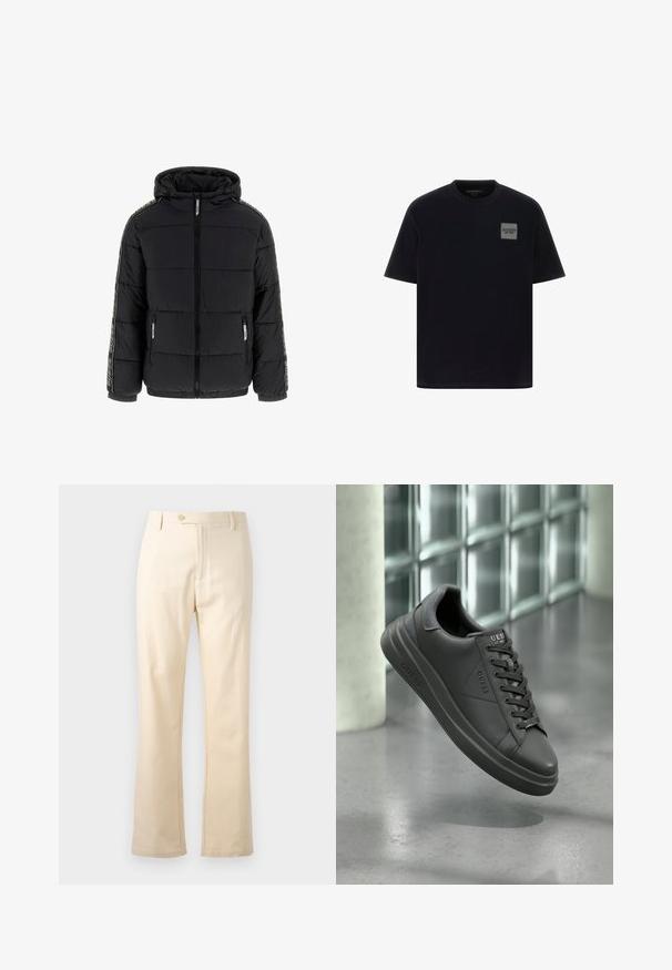 Doudoune noire avec capuche, fermeture éclair et poches latérales. Présente des bandes de logo verticales contrastées sur les manches et une texture matelassée.; T-shirt en coton noir à manches courtes, avec un patch logo gris carré sur la poitrine gauche. Design à col rond, texture lisse.; Pantalons en coton beige à coupe droite, avec fermeture éclair et bouton. Design épuré sans motifs visibles ni accents de quincaillerie.; Baskets en cuir noir avec une finition lisse, dotées d'un bout arrondi, d'accents texturés et d'un laçage. Logo affiché sur la languette.