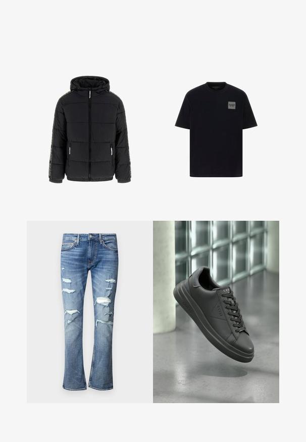 Crna puf jakna s kapuljačom, zatvaranjem na zip i bočnim džepovima. Ima kontrastne vertikalne logo trake na rukavima i štitastu teksturu.; Crna pamučna majica s kratkim rukavima, s kvadratnom sivom oznakom na lijevoj strani prsiju. Dizajn s okruglim izrezom, glatka tekstura.; Svijetloplave traperice s izrezima i brojnim oštećenim detaljima. Dizajn sa širom nogavicom, ugodne teksture i kontrastnim šavovima. Metalno dugme za zatvaranje.; Crne kožne tenisice s glatkim umakom, s zaobljenim vrhom, teksturiranim detaljima i dizajnom na vezanje. Logotip prikazan na jeziku.