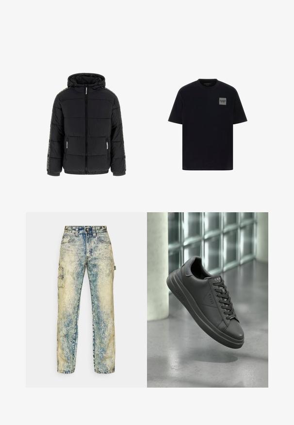 Juodas pūkinis švarkas su kapišonu, užtrauktuku ir šoniniais kišenėmis. Nuošaliai turi kontrastingas vertikalias logotipo juosteles ant rankovių ir siuvinėtą tekstūrą.; Juodas medvilninis marškinėliai trumpomis rankovėmis, su kvadratiniu pilku logotipu dešinėje krūtinės pusėje. Apvalaus kaklo dizainas, glotni tekstūra.; Laisvai priglundantys cargo džinsai iš išblukusio mėlyno džinsinio audinio, turintys daug kišenių, matomą siuvimo liniją ir nusidėvėjusią tekstūrą su lengvais raukšlėmis.; Juodi odiniai sportbačiai su lygiu paviršiumi, turintys apvalų priekį, tekstūruotus akcentus ir raištelių dizainą. Logotipas rodomas ant liežuvio.