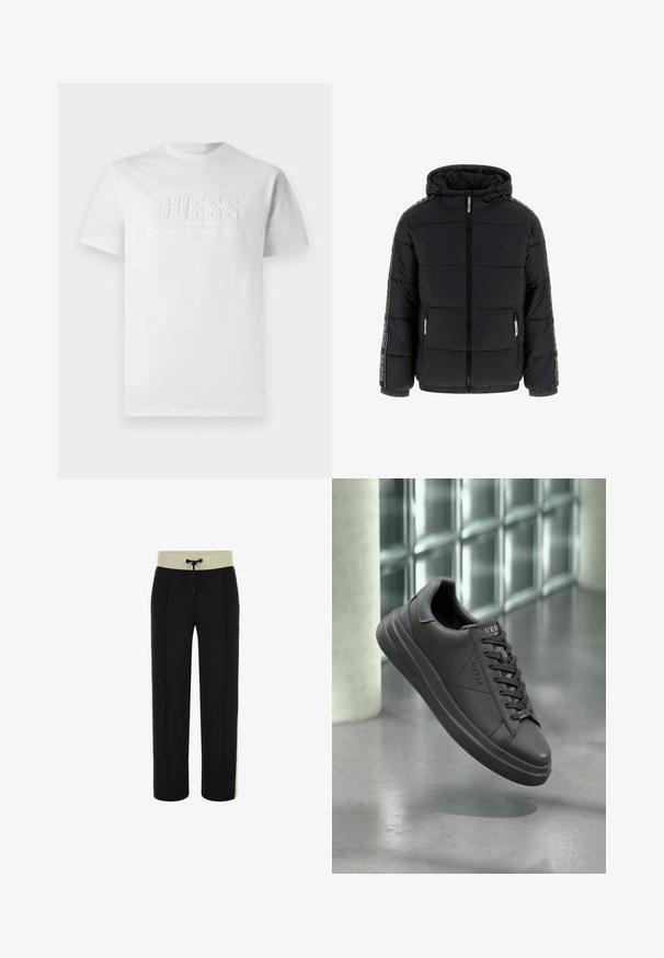 Musternäoga musta puffer-jakk, kapuutsiga, lukuga ja küljetaskutega. Omab kontrastset vertikaalset logo triipu varrukatel ja tikitud tekstuuri.; Valge puuvillane T-särk ringsuu järgi, mille keskel on tekstuuriga logo, mis kannab kirja "GUESS EST. 1981 KLASIKALINE Ameerika STIIL".; Mustad mustad püksid kreemja soonikkoesega vöökoha, sisseehitatud nööriga ja külgpanelidega. Sirged sääred, sile tekstuur ja ilma nähtavate mustriteta.; Mustad nahkjalatsid siledat viimistlusest, ümmarguse varbaga, tekstuursete aktsentide ja paeltega kujundusega. Logo on näha keelel.