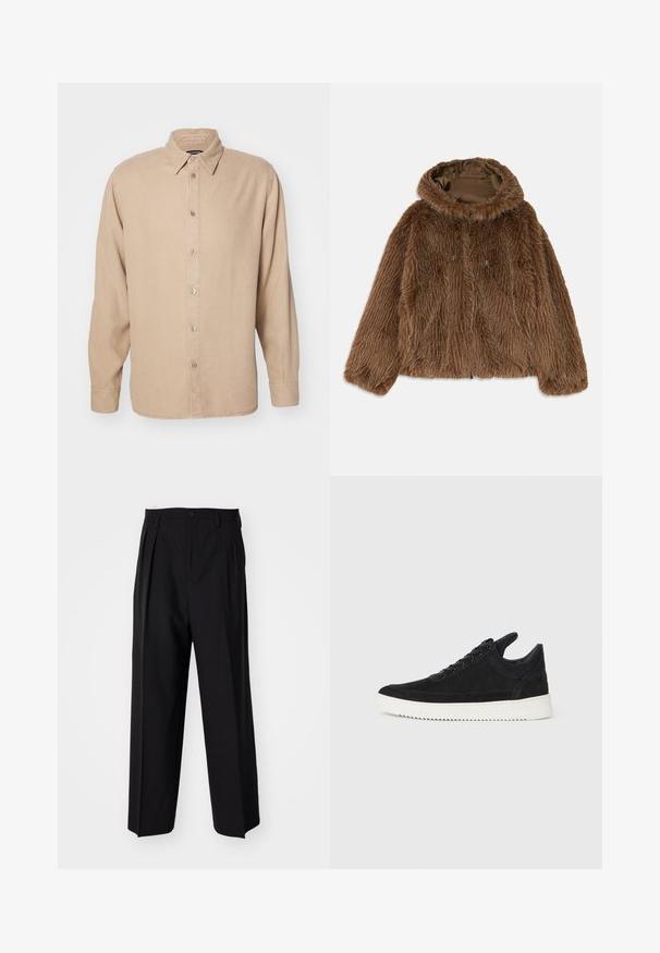 Bordo mākslīgās ādas jaka ar kapuci, kas izceļas ar teksturētu ārējo slāni, priekšējo rāvējslēdzēju un auklu akcentiem. Iekšējā oderes krāsa ir tumši brūna.; Beige krūšturis ar garām piedurknēm un pogām uz apkakles. Izgatavots no mīksta auduma, tam ir priekšējais pogu aizdare un vienkāršas šūšanas detaļas.; Melnas plisētās bikses ar taisnu, plata kāja dizainu. Izgatavotas no gludas auduma, ar pogu aizdari un jostas cilpiņām.; Melna zamša apavi ar baltu gumijas zoli, ar tonālu izšuvumu un auklu dizainu. Gluda tekstūra ar mūsdienīgu, plūstošu formu.