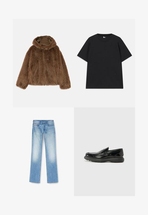 Brązowa kurtka z sztucznego futra z kapturem, z teksturowaną zewnętrzną warstwą, przednim zamkiem błyskawicznym i akcentami ze sznurkiem. Wewnętrzna podszewka w ciemnobrązowym kolorze.; Czarna koszulka z krótkim rękawem wykonana z bawełny, z okrągłym dekoltem i małym detalem logo blisko dolnej krawędzi. Gładka faktura, standardowy krój.; Jasnoniebieskie dżinsy proste wykonane z denimu, z lekko wyblakłym wykończeniem, pięcioma kieszeniami i widocznymi detalami szwów wzdłuż szwów.; Czarne skórzane mokasyny o błyszczącym wykończeniu, zaokrąglonym nosku, subtelnych detalach szycia i grubym gumowym spodzie dla trwałości.