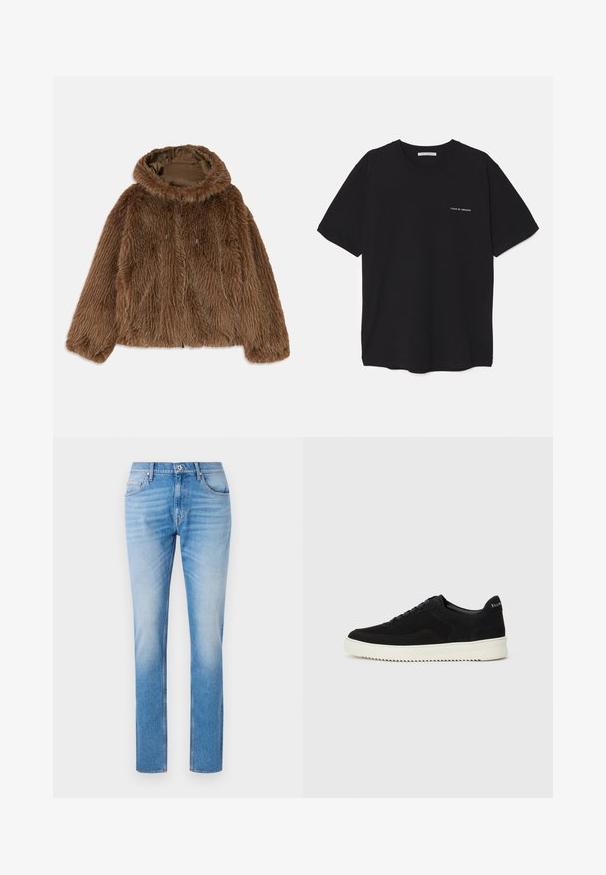 Hnědá umělá kožichová bunda s kapucí, která má strukturovaný vnější materiál, přední zip a stahovací detaily. Vnitřní podšívka v tmavě hnědé barvě.; Černé bavlněné tričko s kulatým výstřihem, krátkými rukávy a bílým logem potisknutým na levé straně hrudi. Jednoduchý, jednobarevný design.; Světle modré džínové kalhoty s rovný střih, s klasickým pětikošovým designem, kontrastním prošíváním a mírným efektem vyblednutí.; Černé semišové tenisky s krajkovým designem a kontrastní bílou gumovou podrážkou. Obsahují texturované boční panely a jemné branding na patě.