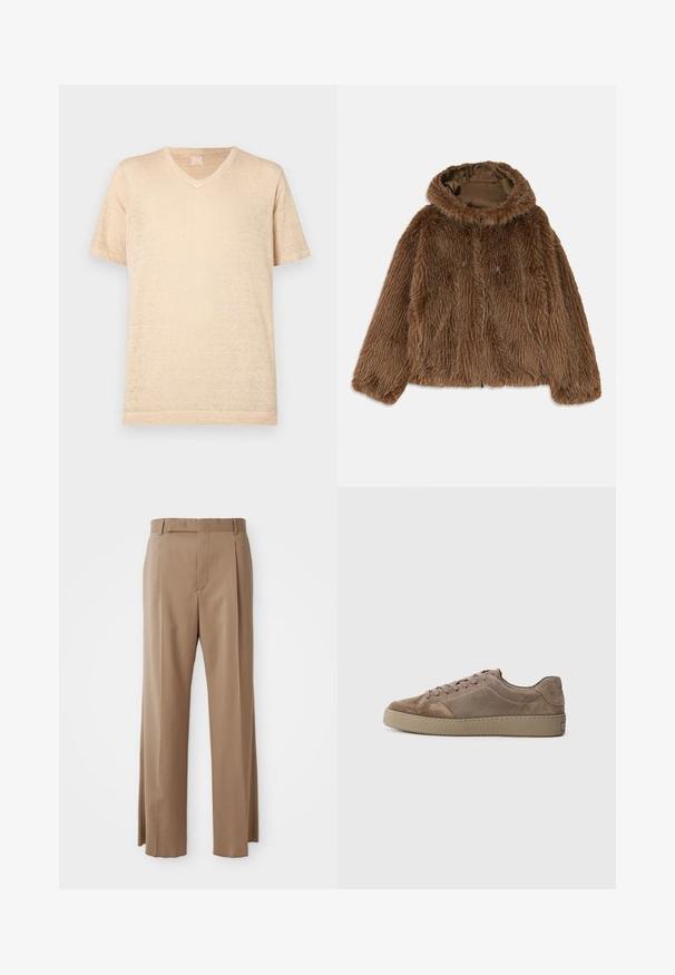 Brown faux fur jacket with a hood, featuring a textured outer layer, front zipper, and drawstring accents. Inner lining in dark brown.; Beige short-sleeve V-neck T-shirt made of lightweight, textured fabric; features a relaxed fit and minimal stitching details.; Light brown tailored trousers with straight legs, belt loops, front seam, and concealed fastening, displayed flat on white background.; Brown suede low-top sneaker with flat rubber sole, lace-up closure, and stitching details, shown from the side on a plain background.