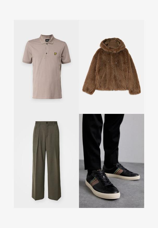 Hnedá umelá kožušina s kapucňou, so štruktúrovaným vonkajším povrchom, predným zipsom a šnúrkovými detailmi. Vnútorná podšívka v tmavohnedej farbe.; Lyle & Scott Polokošeľa - heritage taupe; Filippa K WIDE TROUSERS - Nohavice - driftwood; Čierne kožené tenisky s multicolor pruhovanými akcentmi, okrúhlou špičkou a bielymi gumovými podrážkami, s šnurovacím dizajnom a embosovanou značkou.