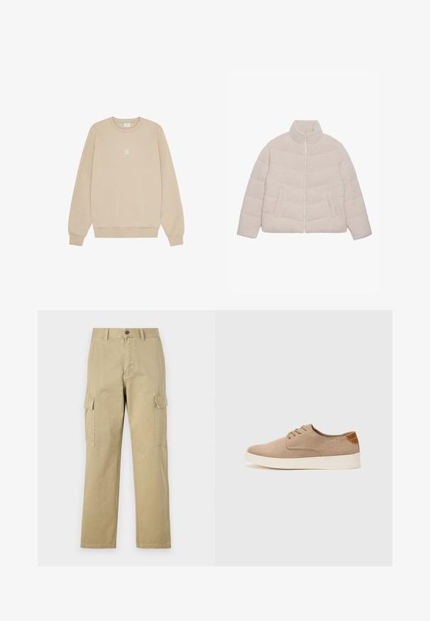 Giacca in sherpa fleece trapuntata color beige chiaro, con colletto rialzato, zip anteriore e due tasche laterali.; Felpa beige in morbido tessuto con colletto rotondo, maniche lunghe e una piccola grafica bianca "II" centrata sul petto.; Pantaloni cargo beige in cotone, dotati di due tasche laterali, chiusura con bottone e gamba dritta con tessuto leggermente texture.; Sneaker in suede beige con punta arrotondata, stringhe davanti e un accento testurizzato sul retro. La suola in gomma bianca offre un contrasto. Design semplice e moderno.