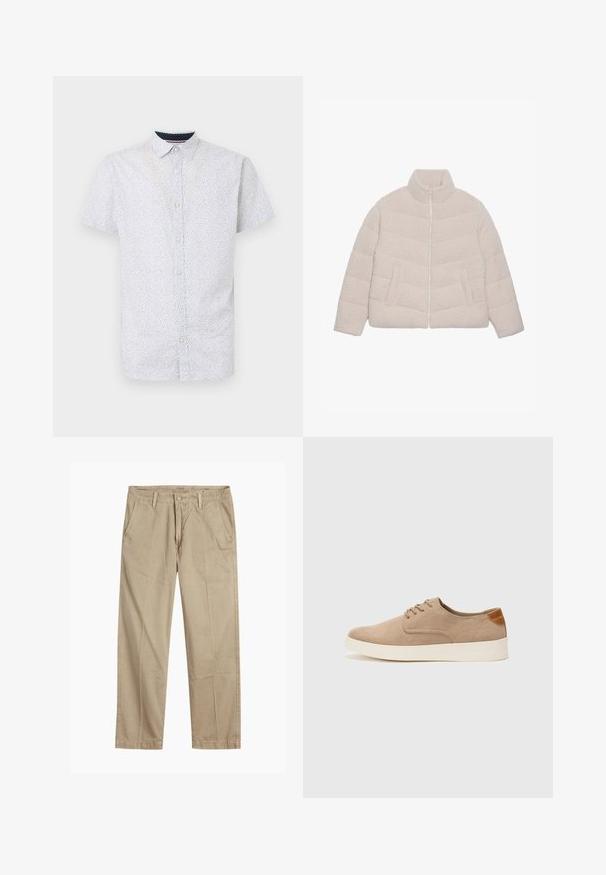 Vaaleanbeige, tikattu sherpa-fleece-takki, jossa on pystykollarit, vetoketju edessä ja kaksi sivutaskua.; Lyhythihainen nappipaita vaaleansinisessä, jossa on pieniä mustia laikkuja, terävällä kauluksella ja suoremmalla helmalla.; Beige suorat lahkeet chinosit vyölenkkeillä, etupainike- ja vetskarikiinnitys sekä viistot etutaskut.; Beige nubuck-lenkkarit, joissa on pyöreä kärki, nauhakiinnitys ja teksturoitu takaosa. Valkoinen kumipohja tuo kontrastia. Yksinkertainen ja moderni muotoilu.