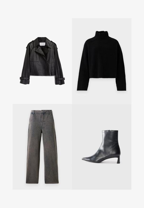 Jaqueta cropped de couro preto com design de dupla face, grandes lapelas, bolsos laterais e detalhes de cinto nas mangas. Rótulo da marca visível.; Sweater preto em malha canelada com gola alta e design cropped, apresentando mangas longas e um acabamento texturizado.; Calças de perna larga em tecido cinza desbotado, com fecho de botão, passantes para cinto e bolsos laterais com uma textura subtil.; Bota de tornozelo em pele preta com biqueira apontada e um design elegante. Apresenta um salto baixo e um fecho com zipper na parte de trás. Textura suave.