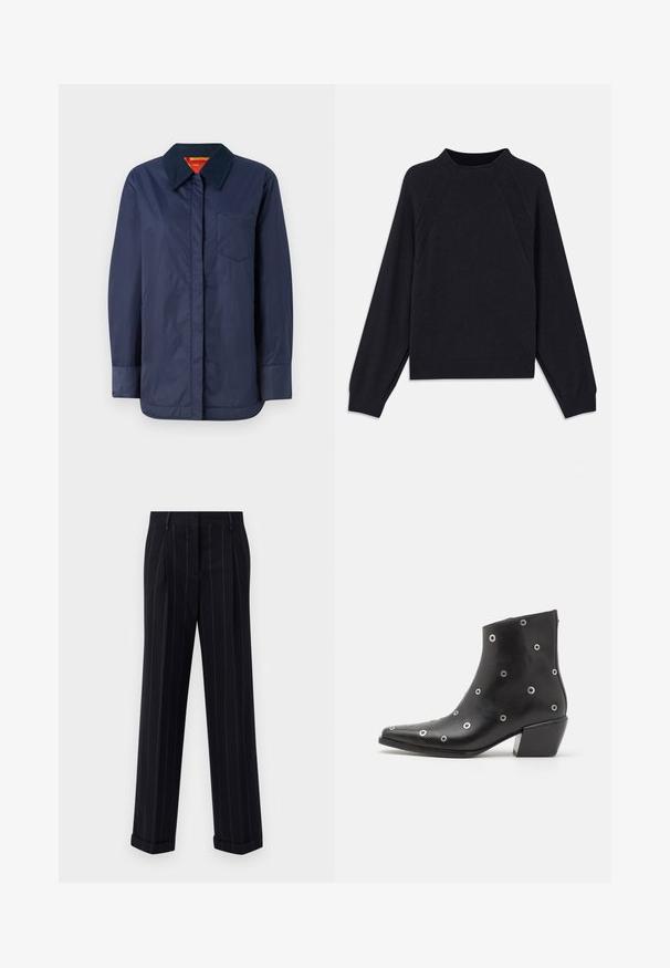 Mornarško modra jakna z dolgimi rokavi, s koničastim ovratnikom, sprednjim žepom in gladko teksturo. Ima kontrastno notranjo podlogo v rdeči in rumeni barvi.; Temno modra majica s krožnim izrezom, dolgimi raglan rokavi, rebrastimi manšetami in ravnim robom. Narejena iz mehke, teksturirane pletene tkanine.; Črne hlače s pinstripes vzorcem in prilagojenim krojem, opremljene z manšetnim robom in sprednjimi pregibi. Narejene iz gladkega materiala z ustrezno strukturo.; Črne usnjene gležnjarje s srebrnimi okroglimi detajli, koničastim nosom in blok peto. Eleganten dizajn z gladko teksturo.