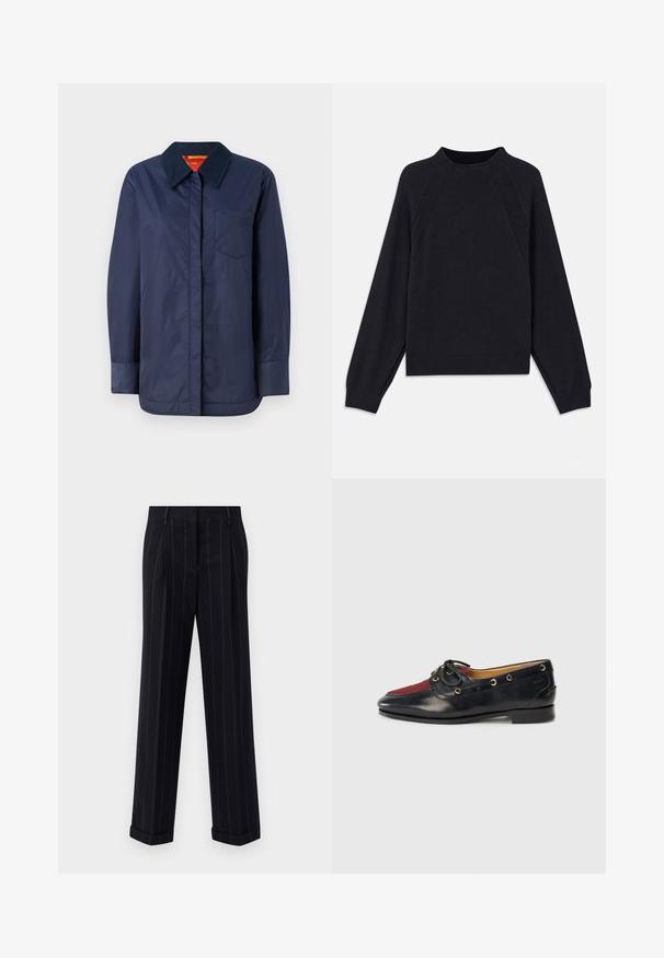 Jachetă albastru închis cu mâneci lungi, cu guler ascuțit, buzunar frontal și textură fină. Prezintă o căptușeală interioară contrastantă în roșu și galben.; Pulover în nuanță închisă de navy, cu guler rotund, mâneci lungi tip raglan, manșete ribbate și tiv drept. Fabricat dintr-un material tricotat moale și texturat.; Pantaloni negri cu dungi, cu o croială adaptată, având o tivă cu manșetă și pliuri frontale. Construiți dintr-un material neted cu un design structurat.; Pantofii de barcă din piele neagră cu vârful din suede roșu, ochiuri aurii și o fundiță decorativă. Textură netedă cu un toc bloc mic.