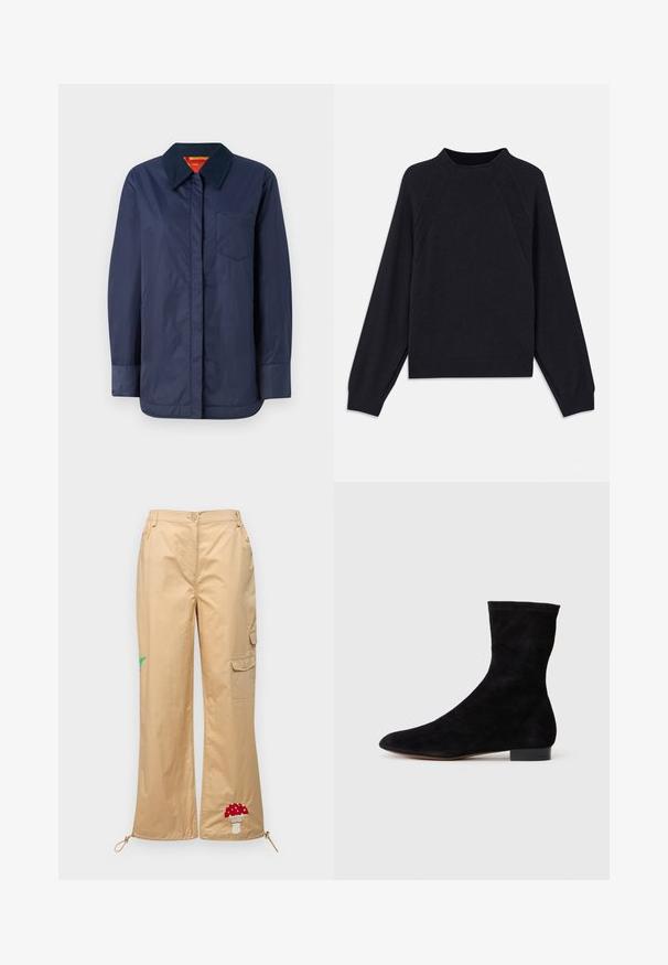 Navy blue long-sleeve jacket with a pointed collar, front pocket, and smooth texture. Features a contrasting inner lining in red and yellow.; Dark navy sweater with a round neckline, long raglan sleeves, ribbed cuffs, and a straight hem. Made from a soft, textured knit material.; Beige cargo pants made from smooth fabric, featuring an embroidered mushroom and palm leaf, adjustable hem, and side pockets.; Black suede ankle boot with a fitted shaft, pointed toe, and a low block heel. Smooth texture and minimalistic design, suitable for versatile styling.