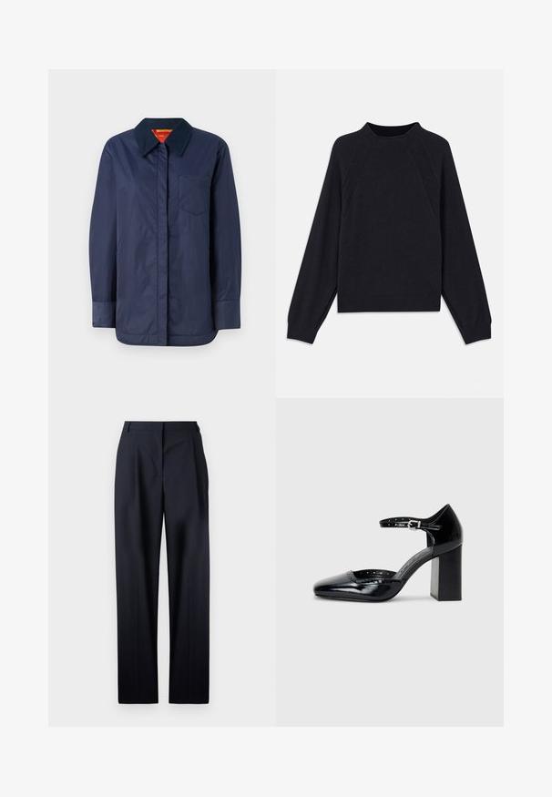 Mornarsko plava jakna dugih rukava s šiljastim ovratnikom, prednjim džepom i glatkom teksturom. Ima kontrastnu unutarnju podstavu u crvenoj i žutoj boji.; Tamno plavi pulover s okruglim izrezom, dugim raglan rukavima, rebrastim manžetama i ravnim donjim rubom. Izrađen od mekog, teksturiranog pletenog materijala.; OFFICINE GENERALE NEW SOPHIE FRESCO - Hlače - dark navy; Crne lakirane cipele s visokom potpeticom, kvadratnim vrhom, kaišem oko gležnja i debelim potpeticama. Sadrže perforirane detalje uz rub.