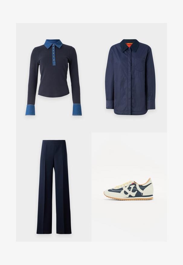 Mörkblå långärmad jacka med spetsig krage, framficka och slät yta. Har en kontrasterande inre foder i röd och gul.; Marinblå långärmad polo tröja har en denimkrage, knapplist med dekorativ sömnad och denimdetaljer vid ärmsluten.; Vidbenta byxor i mörk marinblått tyg, med en slät textur, subtila framveck och en figursydd midjeband för en strömlinjeformad silhuett.; Sneaker med en blandning av grädde, marinblå och mockamaterial, snörningsdesign, diagonala stygn och en gummisula med grepp.