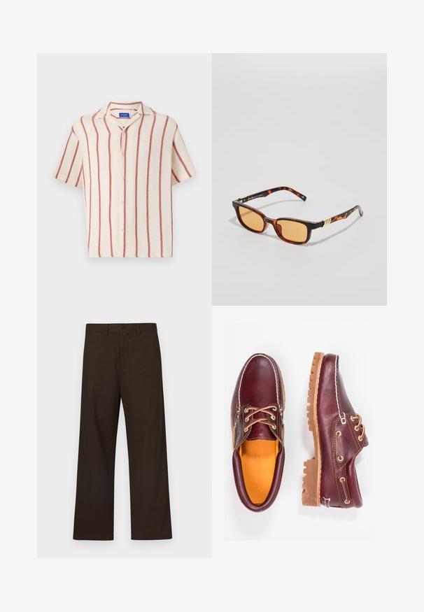 Braun kariertes Jacket mit Kragen, vollem Reißverschluss und langen Ärmeln. Aus strukturiertem Stoff gefertigt, mit lockerer Passform und dezenten Musterdetails.; Kurzarm-Hemd aus cremefarbenem Material mit roten vertikalen Streifen, ausgestattet mit einem abgestutzten Kragen und einer Knopfleiste vorne.; Braune, weit geschnittene Hose aus Baumwollmischung mit vorderer Knopfverschluss und minimalen Details für ein schlichtes Design.; Bordeauxfarbene Lederschuhe mit braunen Gummisohlen, runder Zehenform, weißen Nähten und goldenen Ösen. Das Innenfutter weist eine gelbe Beschichtung auf.; Schildpatt-Sonnenbrille mit rechteckigen Rahmen, orangefarbenen Gläsern und vergoldeten Scharnieren. Leichtes Kunststoffmaterial.