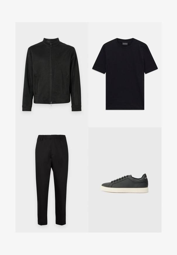 Black mesh jacket with a high collar, front zipper, and two zippered side pockets. Features a textured pattern and a relaxed fit.; Black short-sleeve crew neck T-shirt with subtle embossed pattern and brand label inside collar, laid flat on white background.; Black trousers with an elastic waistband, tapered legs, and a smooth texture. Features minimal seams with no visible hardware or accents.; Black leather sneaker with a low profile, rounded toe, and lace-up closure; features a textured rubber sole and logo detail on the heel.