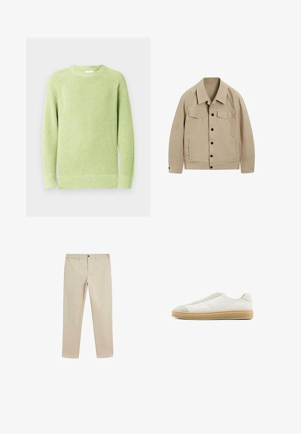 Beige Jacke aus einem strukturierten Stoff. Verfügt über einen Kragen, zwei Brusttaschen und schwarze Knöpfe auf der Vorderseite. Bequeme Passform.; Hellgrüner, gestrickter Rundhalspullover mit langen Ärmeln sowie gerippten Bündchen und Saum vor weißem Hintergrund.; Beige Baumwollhosen mit elastischem Bund, Knopfverschluss, geradem Bein-Design und standardmäßigen Taschen an den Seiten und hinten.; Weiße Wildledersneaker mit glatter Oberfläche, runder Zehenpartie, Schnürung und einer tanfarbenen Gummisohle. Mit dezenten Streifen an den Seiten und Akzenten an der Ferse.