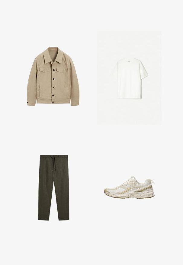 Béžová bunda vyrobená z texturovaného materiálu. Má límec, dvě náprsní kapsy a černé knoflíky na přední straně. Mírně uvolněný střih.; Bílý krátký rukáv tričko vyrobené z měkké bavlny. Design s kulatým výstřihem a uvolněným střihem, bez viditelných log nebo vzorů.; Massimo Dutti JOGGER FIT - Kalhoty - dark green; Bílé sportovní boty vyrobené z prodyšné síťoviny a syntetického materiálu, s zaoblenou špičkou, měkčenou podrážkou a béžovými akcenty po stranách.