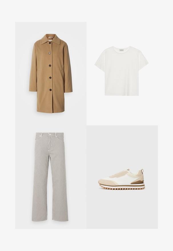 Camel-colored wool coat featuring a straight cut, large collar, and five dark buttons. Includes side pockets and a soft texture.; White short-sleeve T-shirt made of soft cotton. Features a round neckline and relaxed fit. Clean design with no visible patterns or accents.; Striped wide-leg pants in a lightweight fabric. Features vertical black and white stripes, a waistband, and five pockets.; Beige and white low-top sneaker with textured sole and pull tab at heel, displayed on a plain light background, side view.