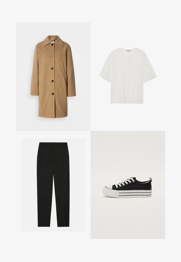 Palton din lână de culoare cămilă, cu un croi drept, guler mare și cinci nasturi negri. Include buzunare laterale și o textură moale.; Tricou alb cu mânecă scurtă, fabricat dintr-un material moale. Dispune de un guler rotund și o siluetă ușor boxy. Textură netedă, detalii minimale.; Pantaloni negri cu un design croit, dotati cu buzunare laterale si un croi drept. Fabricati dintr-un material neted, usor, cu un finisaj elegant.; Tenisci negri din pânză cu vârful rotund, talpă din cauciuc alb și trei dungi albe orizontale. Au șireturi albe și o buclă pe călcâi.