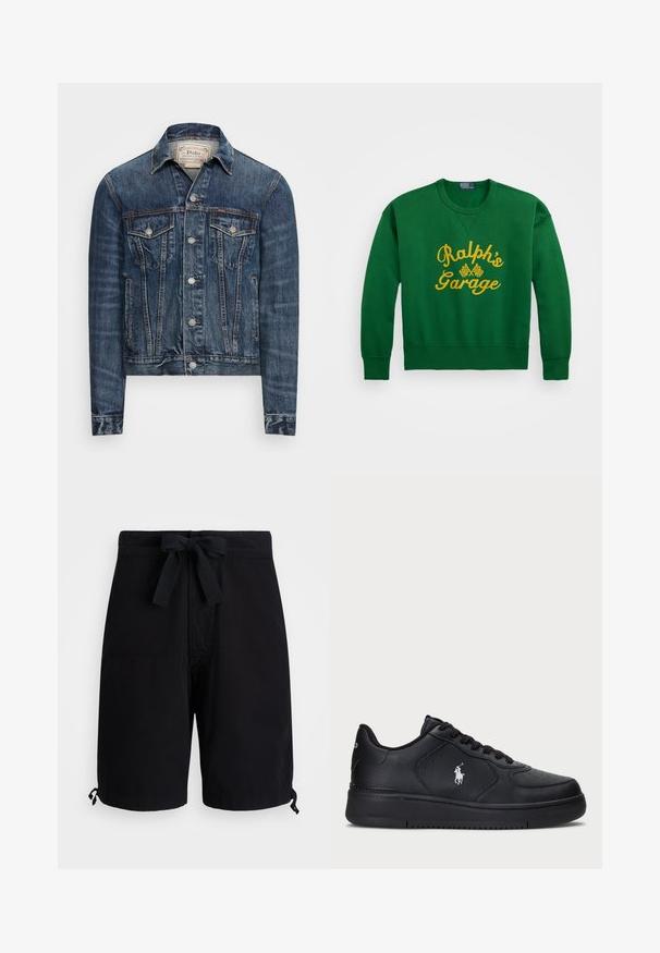 Casaco de ganga azul escuro com um design clássico, apresentando fechos de botão, dois bolsos no peito e um desbotado subtil no tecido.; Sweat-shirt verde com decote redondo, apresentando texto amarelo bordado "Ralph’s Garage" e detalhes de bandeira quadriculada. Material em mistura de algodão.; Calções de banho pretos feitos de um tecido leve, com um cordão ajustável na cintura e detalhes ajustáveis nas bainhas.; Sapatilhas pretas em couro com um design perfurado, fecho de atacadores plano e um logótipo bordado branco de lado. Sola grossa em borracha preta.