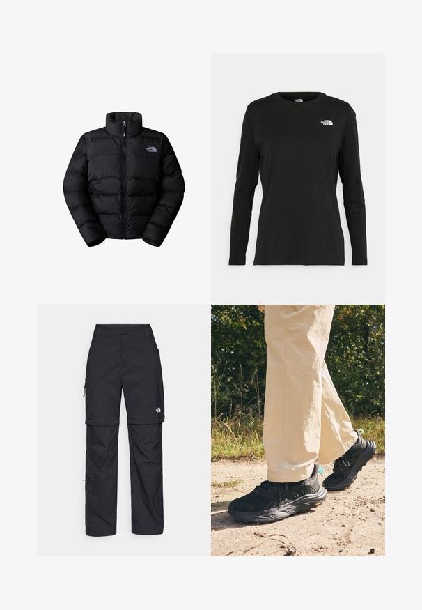 Melna izolēta pūkaina jaka ar augstu apkakli, rāvējslēdzēja aizdari un izšūtām paneļiem. Satur logotipu kreisajā krūtī. Gluda tekstūra.; Melnas garām piedurknēm T-krekls, izgatavots no kokvilnas ar apaļu kaklu. Tam ir mazs balts logo kreisajā krūtīs. Vienkāršs dizains un piegulums.; Melni nailona bikses ar noņemamām kājām, regulējamiem uzmavām, vairākām kabatām un logotipu uz labās kājas. Gluda, viegla tekstūra.; Melni pārgājienu apavi ar teksturētu augšdaļu, šņorēm un bieza zole ar Vibram logotipu. Valkāti ar gaišiem biksēm.