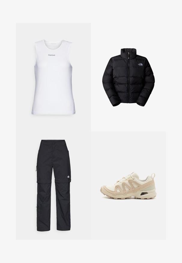 Czarna ocieplana kurtka puchowa z wysokim kołnierzem, zapięciem na zamek i przeszyciami. Posiada logo na lewej piersi. Gładka tekstura.; Biały bezrękawnik sportowy z teksturowanym siateczkowym wzorem. Posiada okrągły dekolt i logo "GripGrab" w kolorze szarym na klatce piersiowej.; Czarne nylonowe spodnie cargo z odpinanymi nogawkami, regulowanymi mankietami, wieloma kieszeniami oraz logo na prawej nogawce. Gładka, lekka tekstura.; Beżowe i kremowe buty sportowe z teksturowanej siateczki, wspierającymi nakładkami oraz gumową podeszwą z wzorem bieżnika zapewniającym przyczepność.