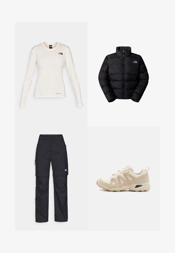 Fekete insulated puffert jakke magas gallérral, cipzáros záródással és varrott panelek. A bal mellen található a logója. Simaszerkezet.; The North Face SHADOW LONG SLEEVE - Hosszú ujjú felső - white dune; Fekete nylon zipzáras cargo nadrág állítható mandzsettával, több zsebbel és logóval a jobb lábon. Simább, könnyű textúra.; Beige és krém színű sportcipő, texturált hálós felsőrésszel, támogató burkolattal és gumitalppal, amely tapadás érdekében bordázott mintázattal rendelkezik.