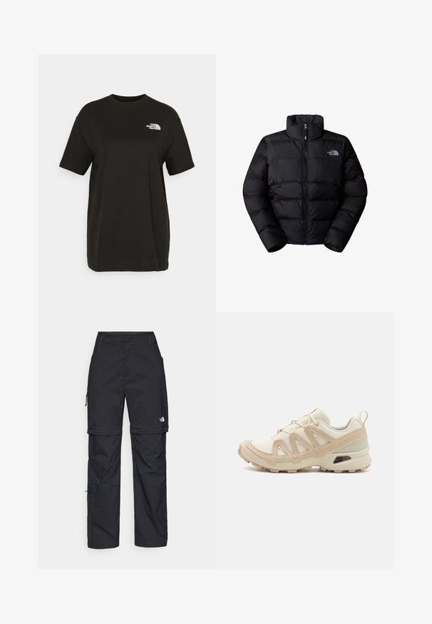 Czarna ocieplana kurtka puchowa z wysokim kołnierzem, zapięciem na zamek i przeszyciami. Posiada logo na lewej piersi. Gładka tekstura.; Czarny bawełniany t-shirt z krótkim rękawem, okrągłym dekoltem i małym białym logo po lewej stronie klatki piersiowej. Gładka tekstura, luźny krój.; Czarne nylonowe spodnie cargo z odpinanymi nogawkami, regulowanymi mankietami, wieloma kieszeniami oraz logo na prawej nogawce. Gładka, lekka tekstura.; Beżowe i kremowe buty sportowe z teksturowanej siateczki, wspierającymi nakładkami oraz gumową podeszwą z wzorem bieżnika zapewniającym przyczepność.