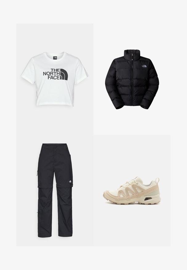 Must värviga isoleeritud puffjakki kõrge kraega, lukuga kinnitus ja õmmeldud paneelid. Vasakul rinnal on logo. Sile tekstuur.; Valge lühikeste varrukatega puuvillane t-särk, mille ees on suur must logo "THE NORTH FACE" ja ikooniline poolkuple graafika.; Mustad nailonist valmistatud eemaldatavad cargo-püksid, reguleeritavate pahkluudega, mitmete taskutega ja paremal jalal logoga. Sile, kerge tekstuur.; Beež ja koobalti spordijalats tekstureeritud võrkkattega, toetavad ülemised kihid ja kummist tallaga, millel on mustriga joonistus haardeks.