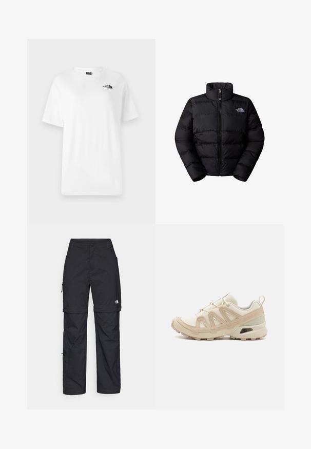 Melna izolēta pūkaina jaka ar augstu apkakli, rāvējslēdzēja aizdari un izšūtām paneļiem. Satur logotipu kreisajā krūtī. Gluda tekstūra.; Baltas kokvilnas T-krekls ar īsām piedurknēm, apaļu kakla izgriezumu un nelielu melnu logo augšējā kreisajā krūtī. Gluda tekstūra, regulāra piegriezuma.; Melni nailona bikses ar noņemamām kājām, regulējamiem uzmavām, vairākām kabatām un logotipu uz labās kājas. Gluda, viegla tekstūra.; Beige un krēma sporta apavi ar strukturētu tīkla virsmu, atbalstošajiem slāņiem un gumijas zoli ar protektoru rakstu, kas nodrošina saķeri.