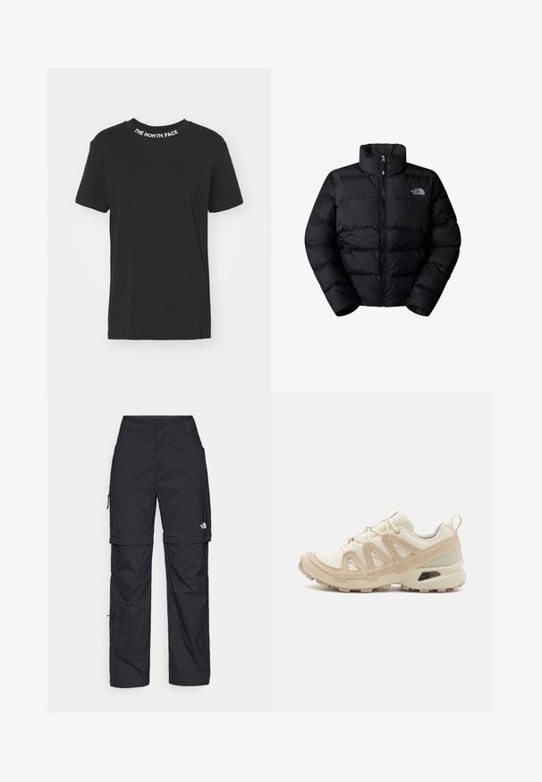 Giacca a vento nera isolata con colletto alto, chiusura con zip e pannelli cuciti. Presenta il logo sulla parte sinistra del petto. Tessuto liscio.; T-shirt nera in cotone con collo girocollo. Presenta il logo bianco "THE NORTH FACE" sul colletto. Maniche corte e orlo dritto.; Pantaloni cargo in nylon nero con zip rimovibile, polsini regolabili, molteplici tasche e un logo sulla gamba destra. Tessuto liscio e leggero.; Scarpa atletica beige e crema con tomaia in mesh testurizzato, sovrapposizioni supportive e suola in gomma con un motivo a tasselli per la trazione.