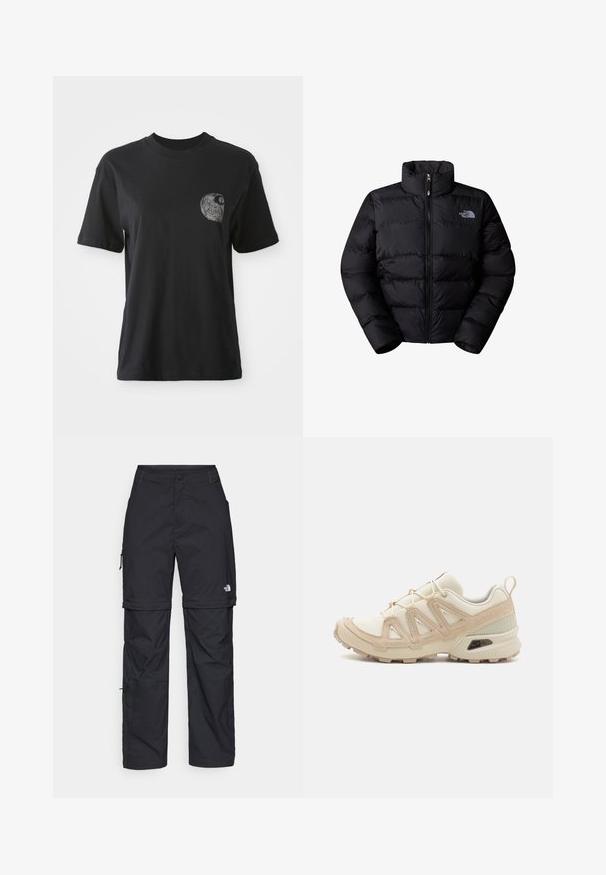 Svart isolert pufferjakke med høy krage, glidelås-lukking og sydde paneler. Har logo på venstre bryst. Glatt tekstur.; Svart bomulls T-skjorte med rund hals og korte ermer, med et teksturert grafisk design av en spiral på venstre brystlommeområde.; Svarte nylon cargo-bukser med glidelås og justerbare mansjetter, flere lommer og en logo på høyre bein. Glatt, lett tekstur.; Beige og krem joggesko med teksturert mesh-overdel, støttende overlegg og gummisåle med et mønster for godt grep.