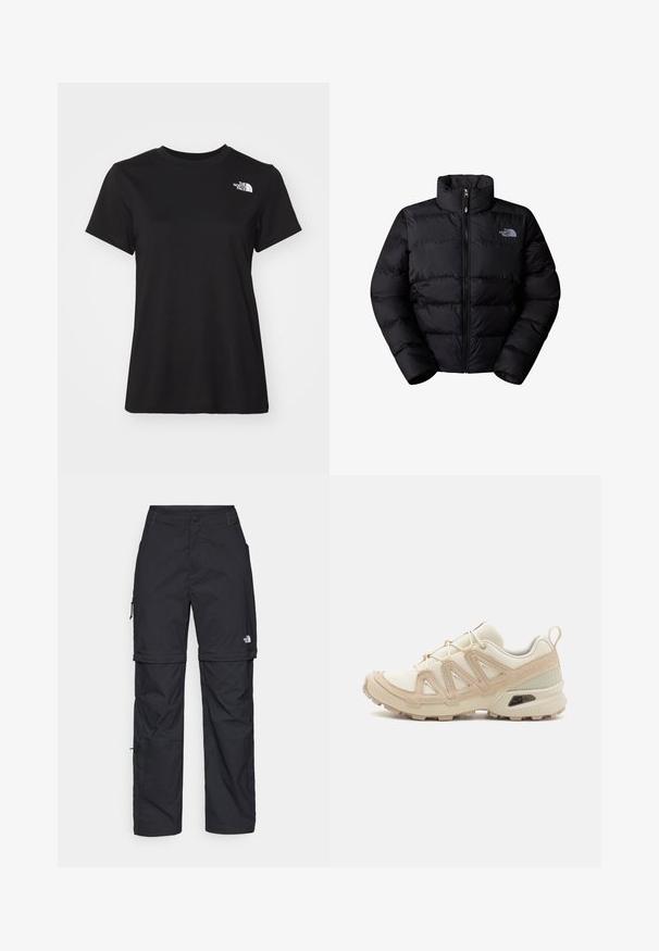 Μαύρο μπουφάν με μόνωση και ψηλό γιακά, με κλείσιμο φερμουάρ και ραμμένα πάνελ. Διαθέτει λογότυπο στο αριστερό στήθος. Λείος υφασμάτινος τύπος.; Μαύρο κοντομάνικο t-shirt από βαμβάκι, με μικρό λευκό λογότυπο στην αριστερή πλευρά του στήθους. Κλασικός σχεδιασμός με στρογγυλή λαιμόκοψη.; Μαύρα νάιλον παντελόνια cargo με φερμουάρ που αφαιρούνται, ρυθμιζόμενους καρπούς, πολλαπλές τσέπες και λογότυπο στο δεξί πόδι. Απαλή, ελαφριά υφή.; Μπεζ και κρεμ αθλητικό παπούτσι με υφασμάτινη άνω επιφάνεια με υφή, υποστηρικτικά overlay και καουτσούκ σόλα με σχέδιο πέλματος για πρόσφυση.