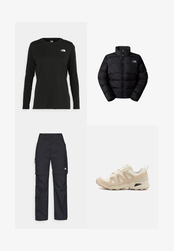 Casaco puffer isolado preto com gola alta, fecho de zip e painéis cosidos. Apresenta o logótipo no lado esquerdo do peito. Textura suave.; T-shirt preto de mangas longas, feito de algodão, com decote redondo. Apresenta um pequeno logótipo branco na área esquerda do peito. Design simples e ajuste confortável.; Calças cargo pretas em nylon com fechos de correr removíveis, punhos ajustáveis, múltiplos bolsos e um logótipo na perna direita. Textura suave e leve.; Sapatilha atlética beige e creme com parte superior em malha texturizada, sobreposições de suporte e sola de borracha com um padrão de cravo para tração.