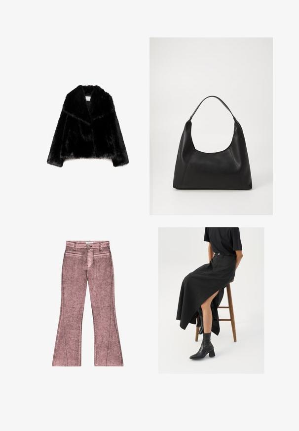 Czarna kurtka z sztucznego futra z szerokim kołnierzem, krótkim krojem, miękką fakturą i ukrytym zapięciem z przodu.; Szary dzianinowy sweter typu crewneck z długimi rękawami oraz ribbowymi mankietami i dołem, ułożony na płasko na białym tle.; Różowe dżinsy w fasonie dzwonów z wyblakłą teksturą, posiadające dwie przednie kieszenie, zamek błyskawiczny z przodu oraz detale przeszycia wzdłuż szwów.; Czarna lniana spódnica maxi z wysokim rozcięciem, noszona z czarnym t-shirtem i czarnymi botkami sięgającymi kostek. Minimalistyczny design z luźnym krojem.; Czarna skórzana torebka na ramię z uchwytem, o gładkiej fakturze i minimalistycznym designie. Posiada kanciaste boki oraz szerokie wejście.