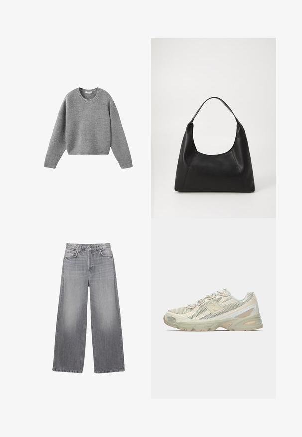 Giacca in pelo sintetico nera con ampio colletto, design accorciato, texture morbida e chiusura frontale nascosta.; Maglione grigio a maglia con scollo rotondo, maniche lunghe e polsini e orlo a costine, posato su uno sfondo bianco.; Jeans a gamba larga in denim grigio con vita alta, cinque tasche, finitura sbiadita e cuciture in contrasto. Presentano una chiusura con bottoni e passanti per la cintura.; Sneaker leggere con tomaia in rete beige e crema, caratterizzate da un logo "N" prominente, suola ammortizzata e dettagli testurizzati.; Borsa a tracolla in pelle nera con manico a cucchiaio, texture liscia e design minimalista. Presenta lati angolari e un'apertura ampia.