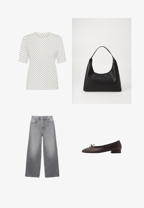 Musta keinotekoinen turkki takki, jossa on leveä kaulus, lyhennetty muotoilu, pehmeä rakenne ja piilotettu etusulku.; Valkoinen lyhythihainen t-paita pyöreällä kaula-aukolla, jossa on pieniä mustia pisteitä koko pinnalla. Pehmeä kangas, jossa on rento istuvuus.; Harmaat farkut, joissa on leveät lahkeet ja korkea vyötärö, viisi taskua, kulahtanut viimeistely ja kontrastiväriset ompeleet. Varustettu napituksella ja vyölenkeillä.; Ruske kožne balerinke s zaobljenim vrhom i malim blok petom. Imaju tanke mašne sprijeda i suptilne šavove.; Mustakasi nahkalaukku, jossa on kupumainen kahva, sileä pinta ja minimalistinen muotoilu. Siinä on kulmikkaita reunoja ja leveä aukko.