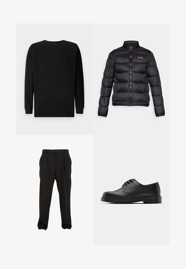 Černá péřová bunda s vysokým límcem, zipem vpředu a prošitými kapsami. Obsahuje malé logo Calvin Klein na levé části hrudi.; Černé tričko s dlouhým rukávem s texturovaným designem typu vafle. Má kulatý výstřih a žebrované manžety. Bez viditelných log či vzorů.; Černé kalhoty z hladké tkaniny, se zapínáním na tlačítko v pase, předními sklady a zúženými manžetami u kotníků. Klasický elegantní střih.; Černé kožené oxfordy s šněrováním, zakulacenou špičkou, plochou gumovou podrážkou a jemným prošíváním podél svršku.