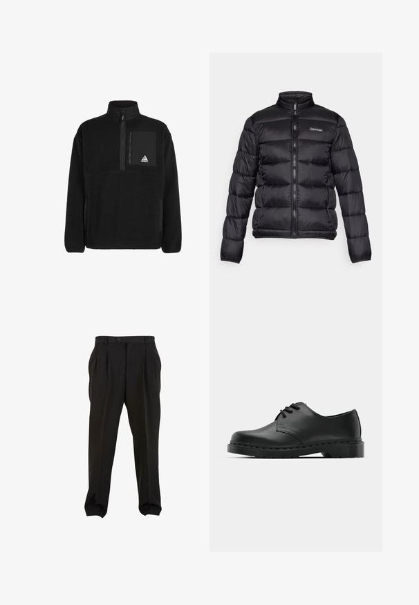 Giubbotto puffer nero con colletto alto, chiusura zip frontale e scomparti cuciti. Presenta un piccolo logo Calvin Klein sul lato sinistro del petto.; Pullover in pile nero con collo zip, dotato di una tasca sul petto in tessuto nero e un patch a logo triangolare. Materiale morbido e texture piacevole.; Pantaloni neri in tessuto morbido, con pieghe frontali, vita con bottone e polsini a gamba affusolata. Silhouette classica e sartoriale.; Scarpa oxford in pelle nera con design con lacci, punta arrotondata, suola piatta in gomma e dettagli di cucitura discreti lungo la parte superiore.