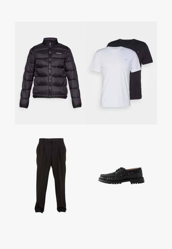 Zwarte pufferjack met een hoge kraag, ritssluiting aan de voorkant en gestikte compartimenten. Heeft een klein Calvin Klein-logo op de linkerborst.; Twee katoenen t-shirts in het wit en zwart, met korte mouwen en ronde halsen, voorzien van een klein logo op de borst, met een soepele textuur.; Zwarte broek van gladde stof, met voorplooien, een knopenband en taps toelopende enkelboorden. Klassieke taillering.; Zwarte leren bootshoe met een ronde neus, vetersluiting en een gestructureerde rubberen zool. Voorzien van stikselaccenten en metalen oogjes.