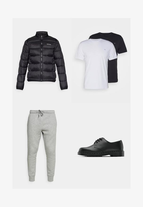 Fekete puffermellény magas gallérral, cipzáros elülső résszel és varrott rekeszekkel. A bal mellen egy kis Calvin Klein logó található.; Két pamut póló, fehér és fekete színben, rövid ujjú, kerek nyakkal, a mellrészen egy kis logóval, sima textúrával.; Szürke jogger nadrág, puha pamutkeverék anyagból készült, rugalmas derékkal és húzózsinórral, valamint bordázott mandzsettákkal a bokáknál.; Fekete bőr oxford cipő fűzős kialakítással, kerek orral, lapos gumitalppal és finom varrással a felső részen.