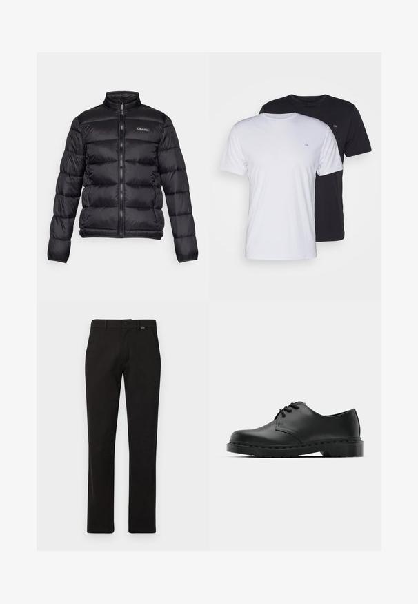 Svart pufferjakke med høy krage, glidelås foran og sydde lommer. Har en liten Calvin Klein-logo på venstre bryst.; To bomulls t-skjorter i hvitt og svart, kortermet med rund hals, med en liten logo på brystet, glatt tekstur.; Svarte bomullsbukser med rett benkutt, med knappelukking, beltehemper og to frontlommer. Glatt tekstur, uten mønstre.; Svarte lær oxford-sko med snøring, rund tå, flat gummisåle og diskret sømdetalj langs overflaten.
