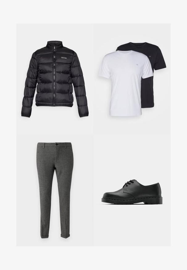 Juodas pūkinis švarkas su aukštu apykakle, užtrauktuku priekyje ir siuvinėtomis kišenėmis. Ant kairiojo krūtinės puikuojasi mažas Calvin Klein logotipas.; Du pfaldi medvilniniai marškiniai trumpomis rankovėmis, balti ir juodi, su apvaliais kaklais, turintys mažą logotipą ant krūtinės, glotnus paviršius.; Pilkos languotos kelnės, pagamintos iš audinio, su mygtukų uždarymu, diržo kilpomis ir įsiūtomis apačiomis, suteikiančiomis elegantišką išvaizdą.; Juodos odinės oksfordo bateliai su raištelių užsegimu, apvaliu pirštu, plokščiu guminiu padu ir subtiliu siuvimo akcentu viršuje.