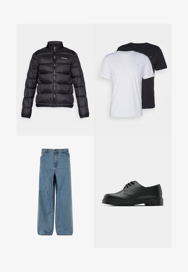 Juodas pūkinis švarkas su aukštu apykakle, užtrauktuku priekyje ir siuvinėtomis kišenėmis. Ant kairiojo krūtinės puikuojasi mažas Calvin Klein logotipas.; Du pfaldi medvilniniai marškiniai trumpomis rankovėmis, balti ir juodi, su apvaliais kaklais, turintys mažą logotipą ant krūtinės, glotnus paviršius.; Šviesiai mėlynos džinsinio audinio plačių kojų kelnės. Su mygtuku ir užtrauktuku, penkiomis kišenėmis ir nugairinta tekstūra, kuri suteikia klasikinį stilių.; Juodos odinės oksfordo bateliai su raištelių užsegimu, apvaliu pirštu, plokščiu guminiu padu ir subtiliu siuvimo akcentu viršuje.