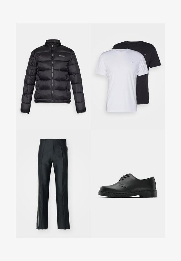 Zwarte pufferjack met een hoge kraag, ritssluiting aan de voorkant en gestikte compartimenten. Heeft een klein Calvin Klein-logo op de linkerborst.; Twee katoenen t-shirts in het wit en zwart, met korte mouwen en ronde halsen, voorzien van een klein logo op de borst, met een soepele textuur.; Zwarte satijnen broek met een op maat gemaakte pasvorm, voorzien van witte zijstrepen. Ontworpen met een flared leg en voorplooien voor extra detail.; Zwarte leren oxford schoenen met vetersluiting, ronde neus, platte rubberen zool en subtiele stiksel details langs het bovenwerk.
