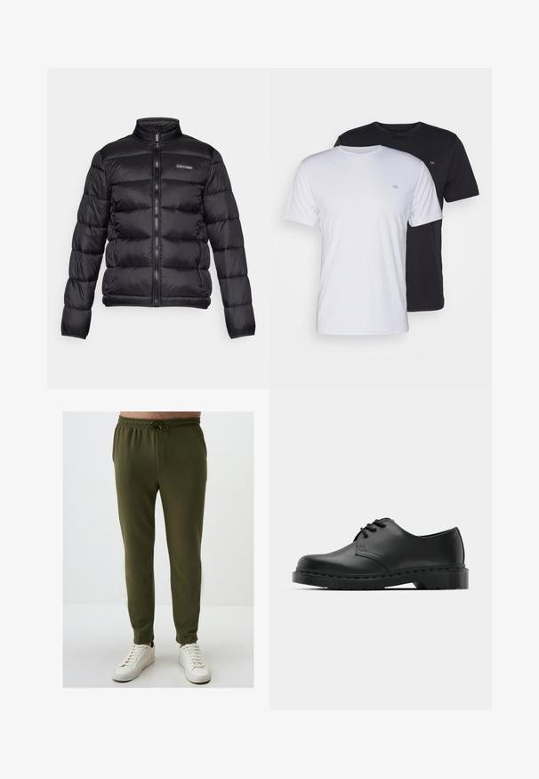 Schwarze Daunenjacke mit hohem Kragen, Reißverschluss auf der Vorderseite und gesteppten Fächern. Auf der linken Brust befindet sich ein kleines Calvin Klein-Logo.; Zwei Baumwoll-T-Shirts in Weiß und Schwarz, kurzärmlig mit Rundhalsausschnitt, mit einem kleinen Logo auf der Brust, glatte Textur.; Olivgrüne Jogginghosen mit einem elastischen Bund, Kordelzugdetails und schmal zulaufendem Bein, kombiniert mit weißen Turnschuhen. Glatte Textur.; Schwarze Leder-Oxford-Schuhe mit Schnürdesign, runder Zehenform, flacher Gummisohle und subtilen Nähten entlang des oberen Teils.
